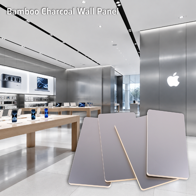Painéis de Parede Decorativos de Metal Estilo Apple Store com Folheado de Madeira e Carvão de Bambu